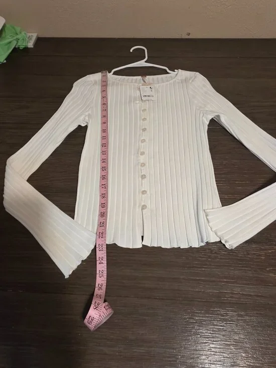 Free People Tilly Rib Long Sleeve Button-Up Top NWT White Large - Picture 3 of 9